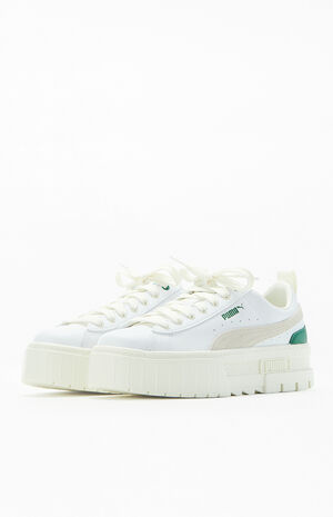Women's White & Green Mayze Leather Sneakers image number 2