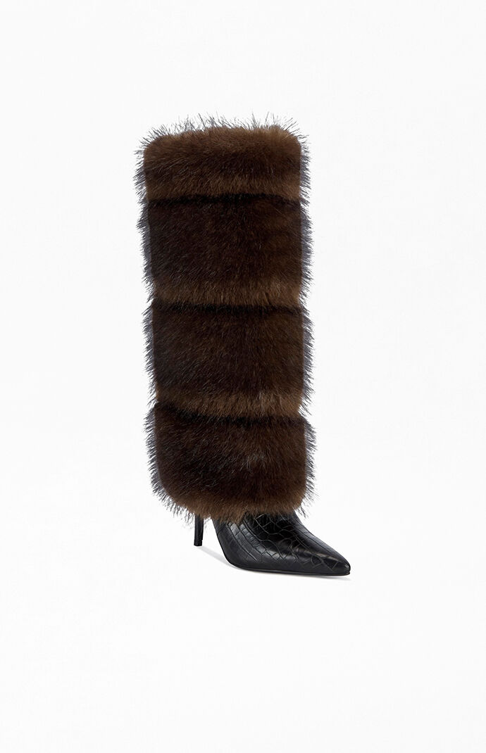 AZALEA WANG Women's Zenthra Chocolate Faux Fur Stiletto Boots