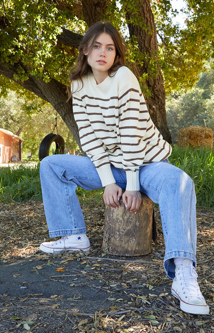 John Galt Cream Brown Brianna Thin Striped Sweater PacSun
