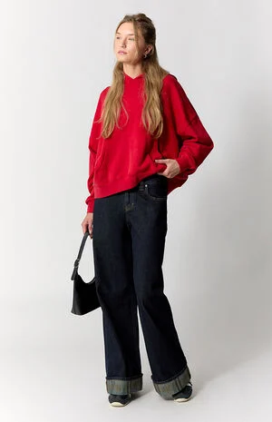 Sloane Low Rise Ultra Baggy Jeans Plaid Roll Cuff Dark Blue image number 6