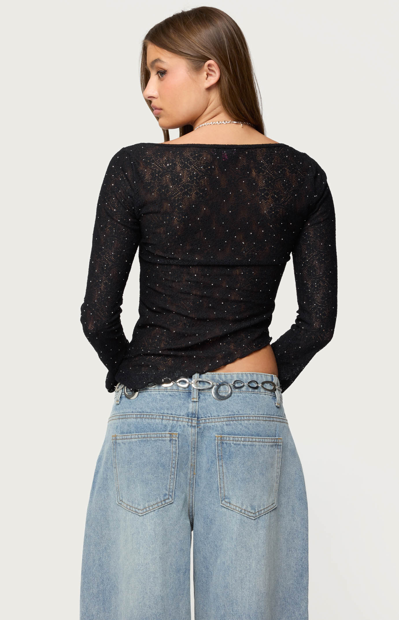Edikted Mare Asymmetric Gem Sheer Lace Top | PacSun