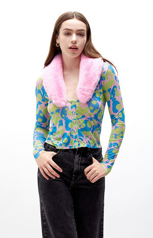 Recycled Fur Collar Button Front Mesh Top image number 1