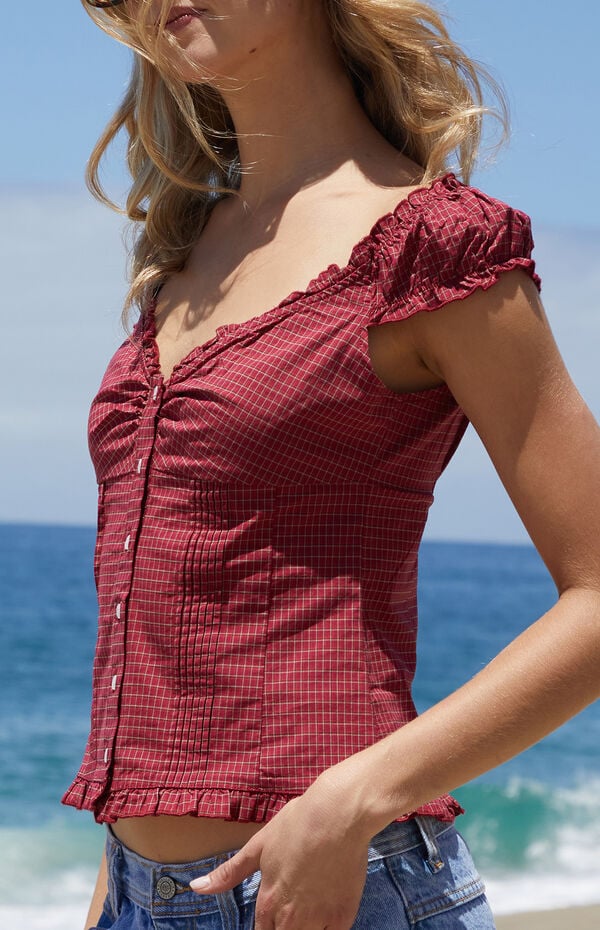 John Galt Burgundy Plaid Elena Top