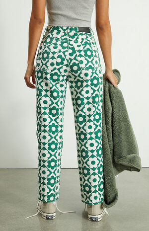 Green & White Daisy High Waisted Straight Leg Jeans image number 5