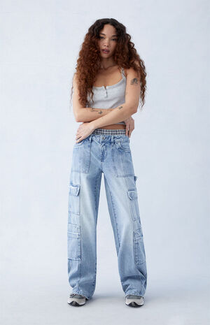 Eco Light Indigo Low Rise Baggy Cargo Jeans image number 1