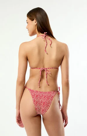 Red Summer Textured Floral Side Tie Bikini Bottom image number 5