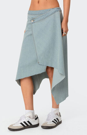 Asymmetric Wrapped Denim Midi Skirt image number 4