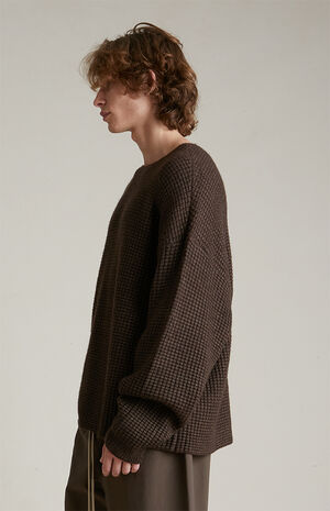 Brown Heavy Waffle Knit Crew Neck Sweater image number 3