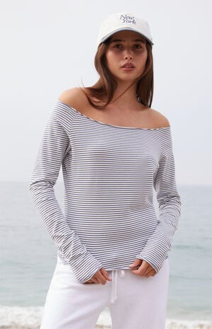 Light Blue Striped Bonnie Off-The-Shoulder Long Sleeve Top image number 1
