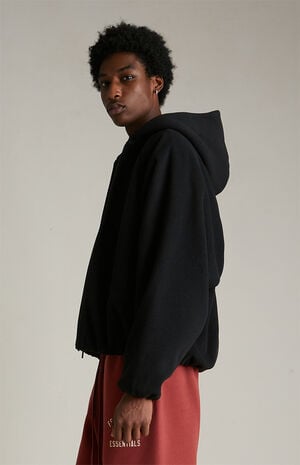 Black Brushed Yarn Hooded Bomber Jacket image number 3