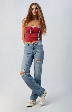 Medium Indigo Ripped V Dip '90s Boyfriend Jeans image number 2