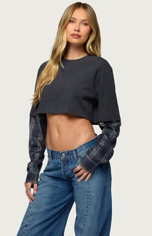 Plaid Sleeves Layered Crop Top image number 2