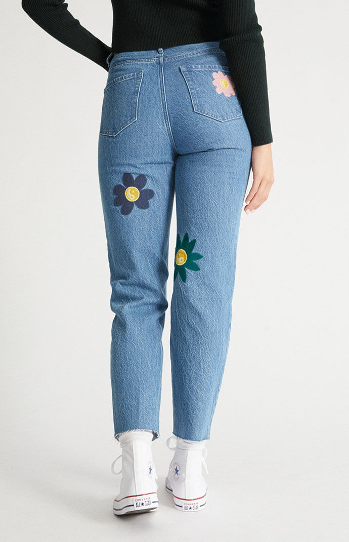 PacSun Eco Flower Embroidered High Waisted Straight Leg Jeans PacSun