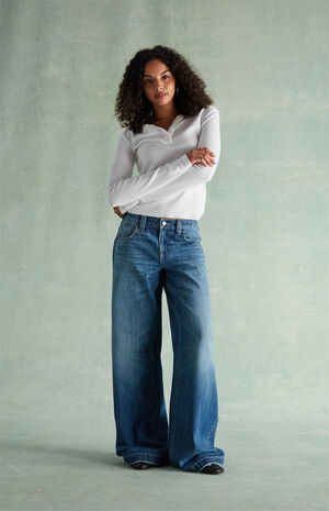 Medium Blue Rhinestone R & D Ultra Low Rise Baggy Jeans image number 4