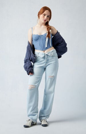 Eco Light Indigo Fold-Over Ripped '90s Boyfriend Jeans image number 2
