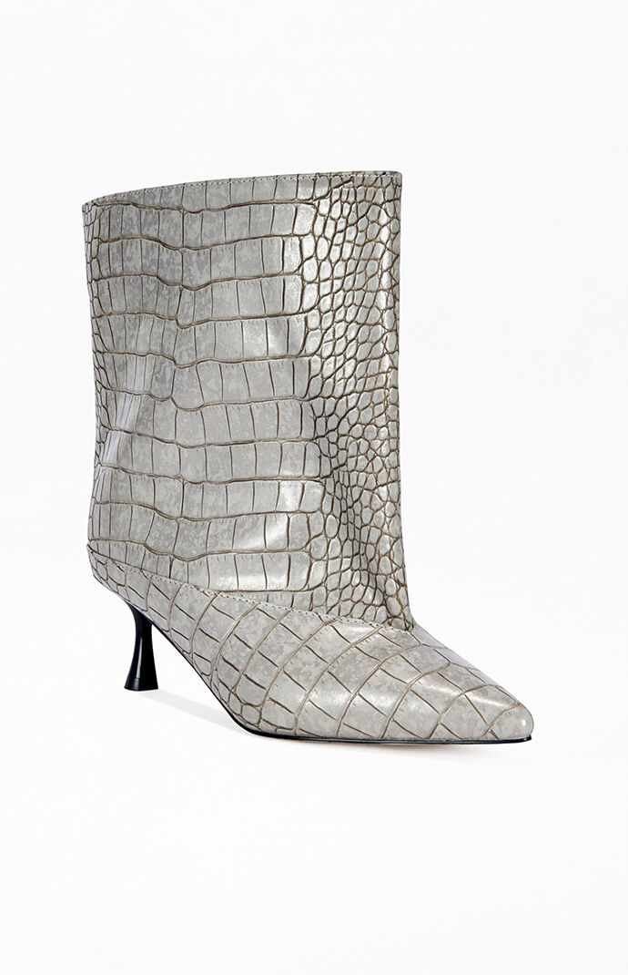 AZALEA WANG Women's Hayek Silver Crocodile Stiletto Booties