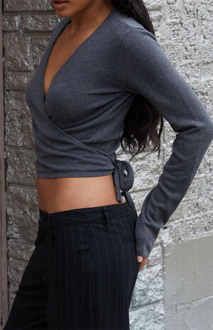 Gray Wrap Sweater Top image number 3