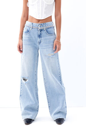 Cali Light Indigo Rhinestone Ripped Baggy Boyfriend Jeans image number 1