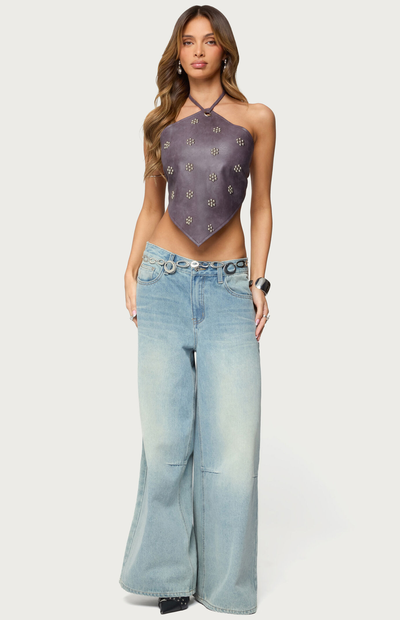 Edikted Shila Studded Faux Leather Backless Top