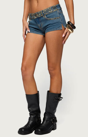Studded Low Rise Denim Micro Shorts image number 2