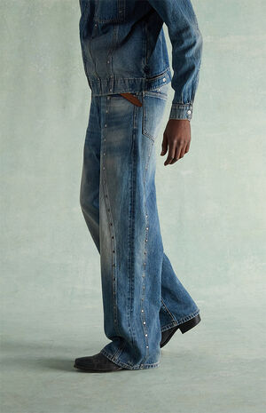 Tinted Medium Blue Studded Extreme Baggy Jeans image number 3