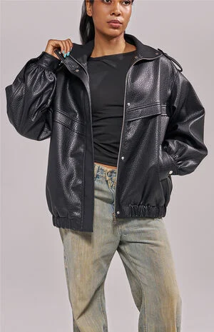 Verlander Black Faux Leather Bomber Jacket image number 1