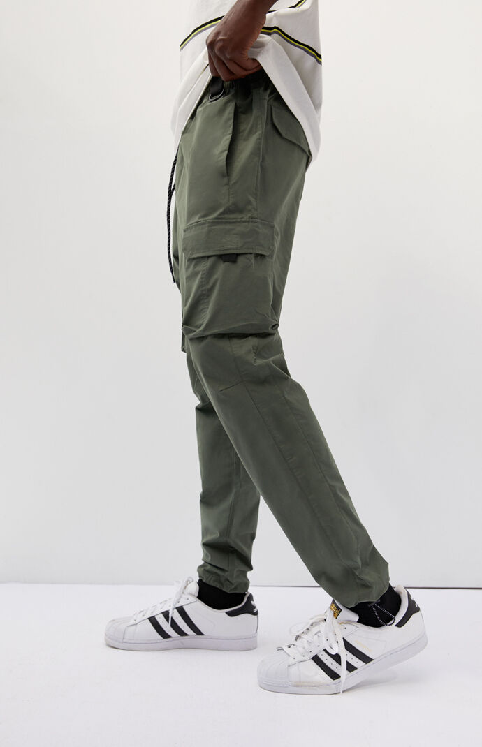Utility Army Green Nylon Slim Cargo Pants
