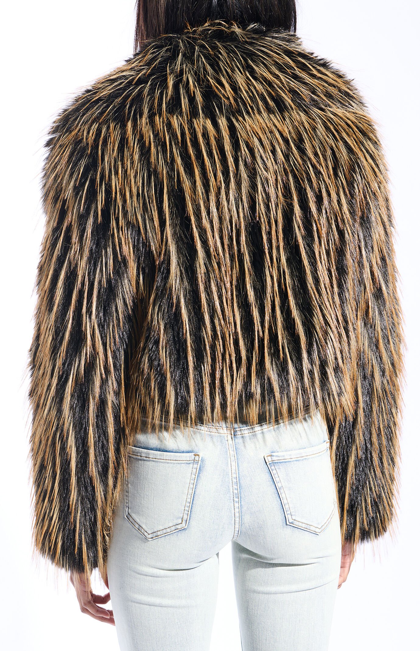 AZALEA WANG Saoirse Brown & Black Cropped Faux Fur Jacket