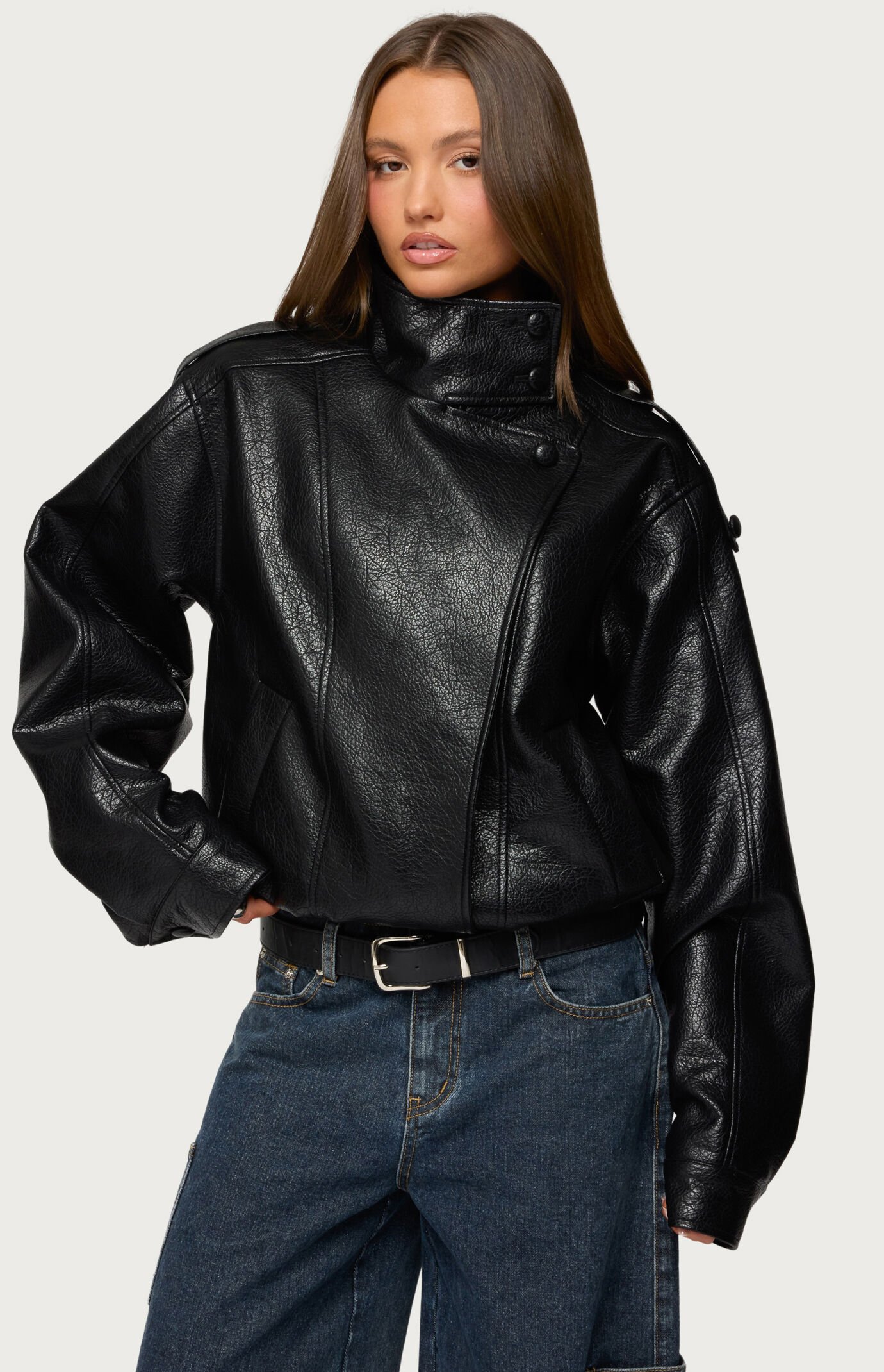 Edikted Jaicee High Neck Oversized Faux Leather Jacket