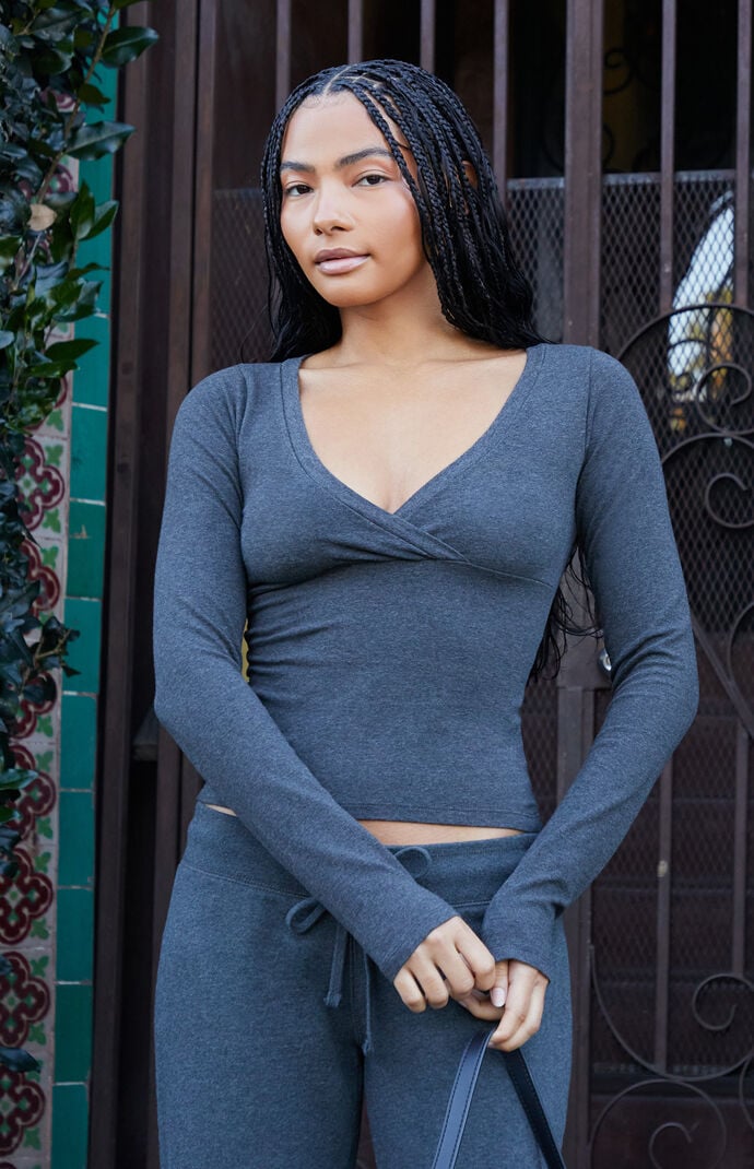 John Galt Women's Dark Gray Amara Surplice Long Sleeve Top