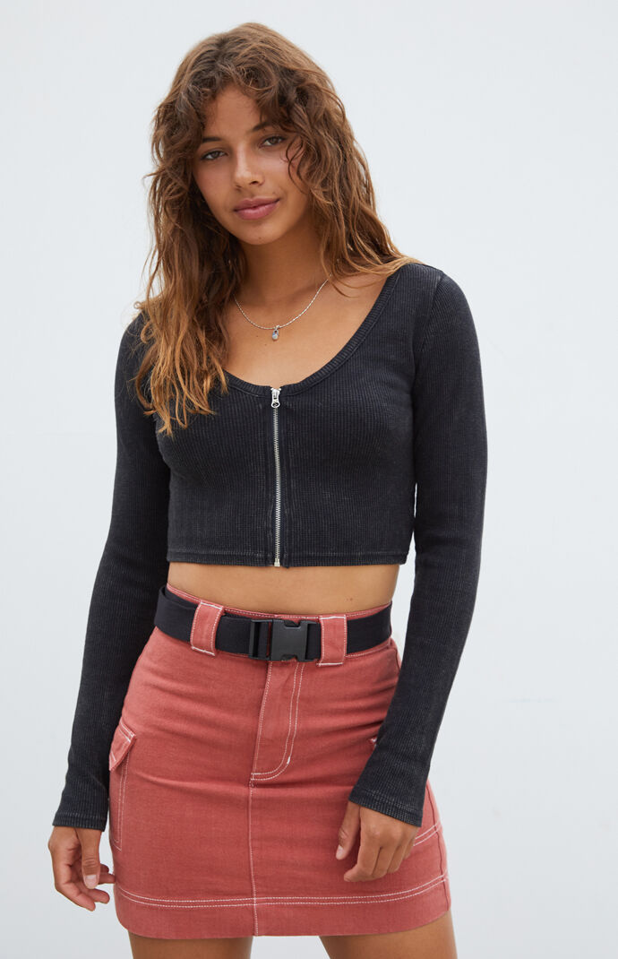 Zip Front Waffle Long Sleeve T-Shirt