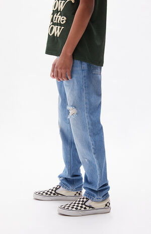 Distressed Medium Blue Straight Leg Jeans image number 3