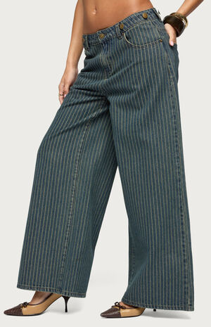 Button Pinstripe Low Rise Baggy Jeans image number 2