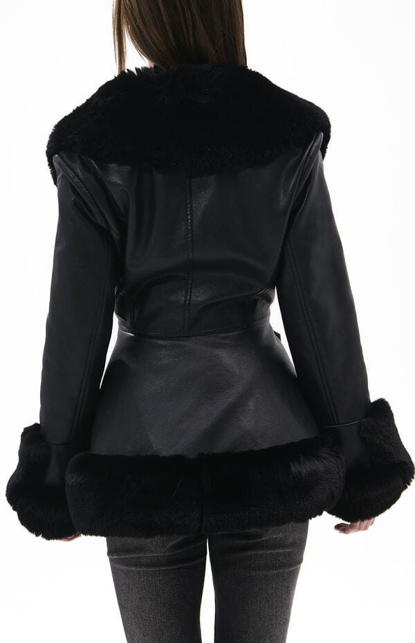 AZALEA WANG Kenzy Black Faux Leather & Fur Belted Coat