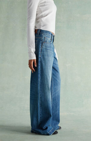 Medium Blue Rhinestone R & D Ultra Low Rise Baggy Jeans image number 3