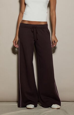 Brown Contrast Piping Ultra Soft Fleece Baggy Sweatpants image number 3