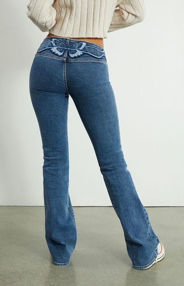 PacSun Dark Blue Butterfly No Waistband Low Rise Bootcut Jeans