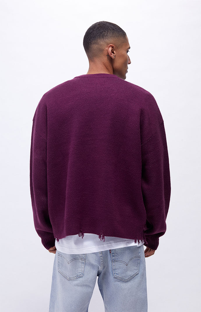 PacSun Burgundy Cropped Distressed Crew Neck Sweater PacSun