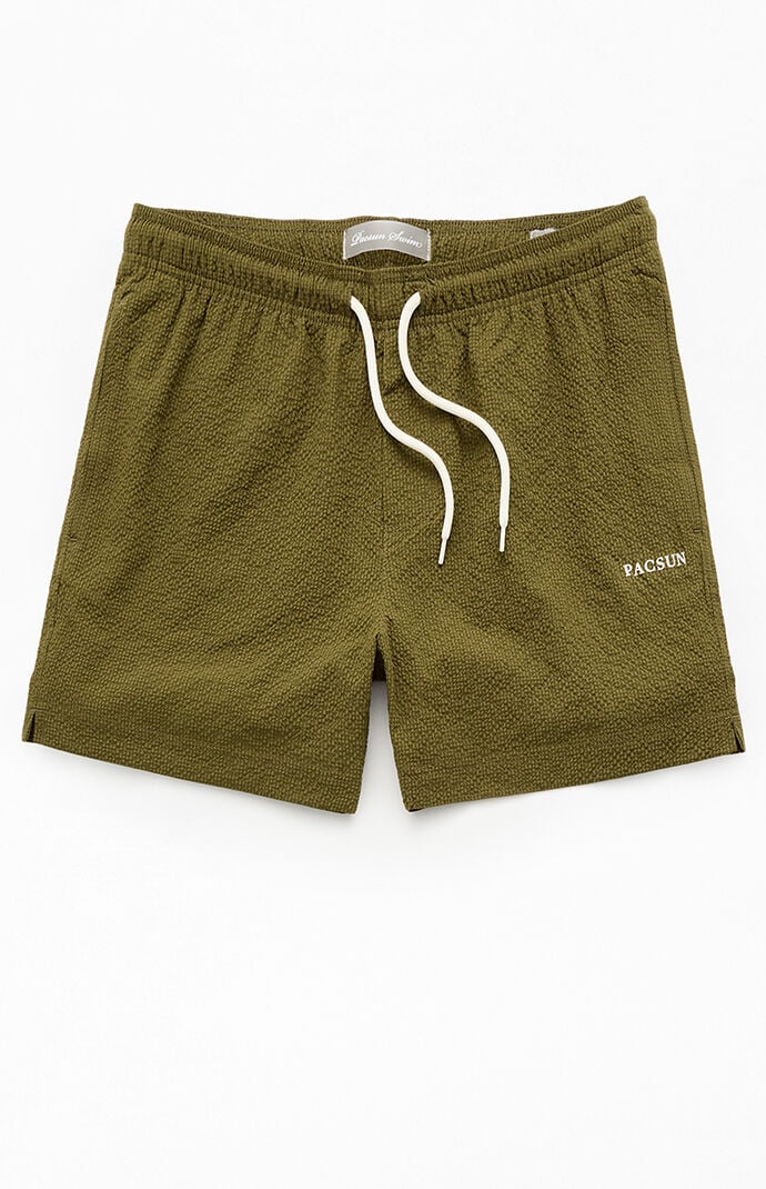 Pacsun Olive Seersucker 4.5" Swim Trunks