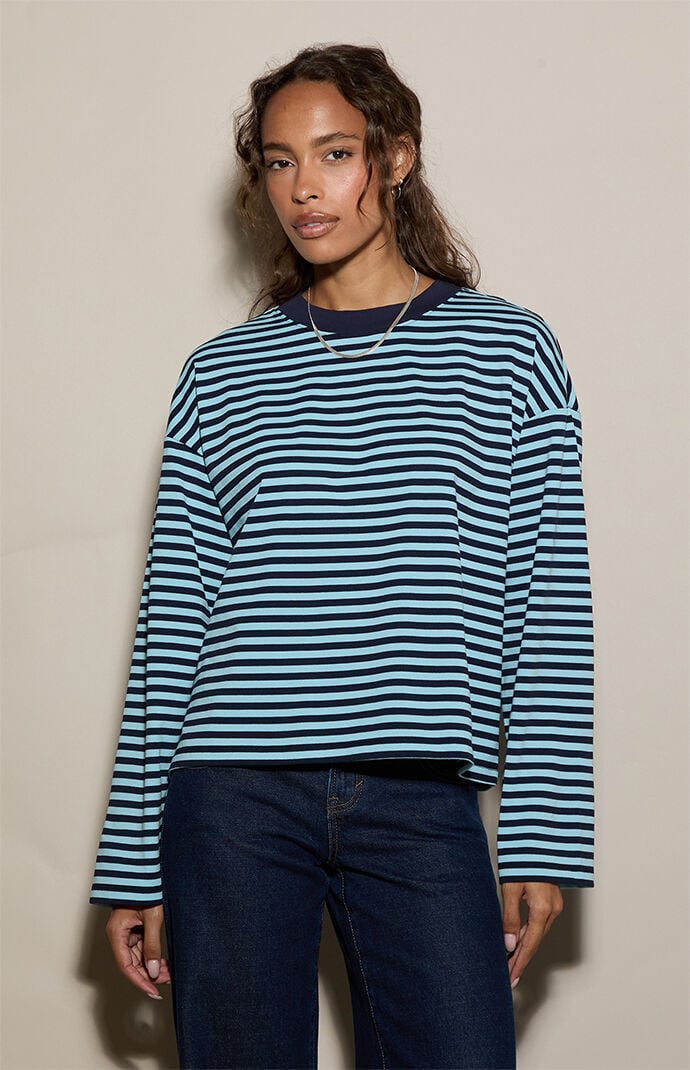 Pacsun Women's Drew Striped Boxy Long Sleeve T-shirt In Navy