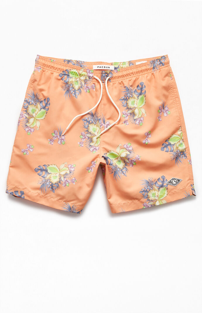 Orange Floral 17" Swim Trunks