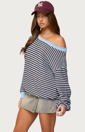 Averi Striped Oversized Off-The-Shoulder Sweater image number 2