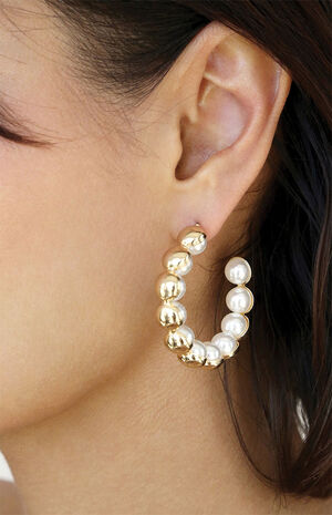 Pearl Inlay and Gold Hoop Earrings image number 3
