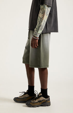 Washed Green Fleece Baggy Sweat Shorts image number 4