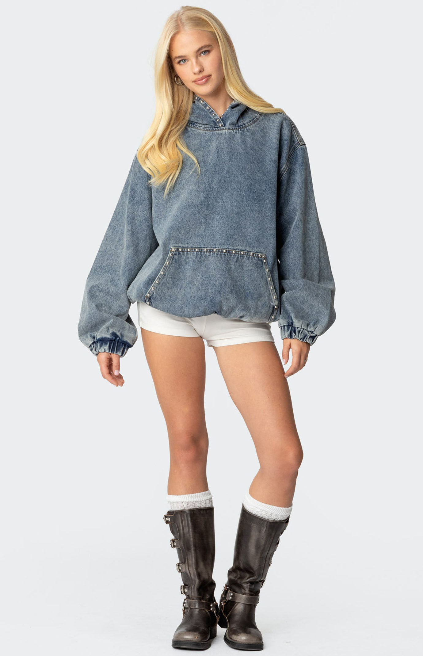 Edikted Marney Oversized Studded Denim Hoodie | PacSun