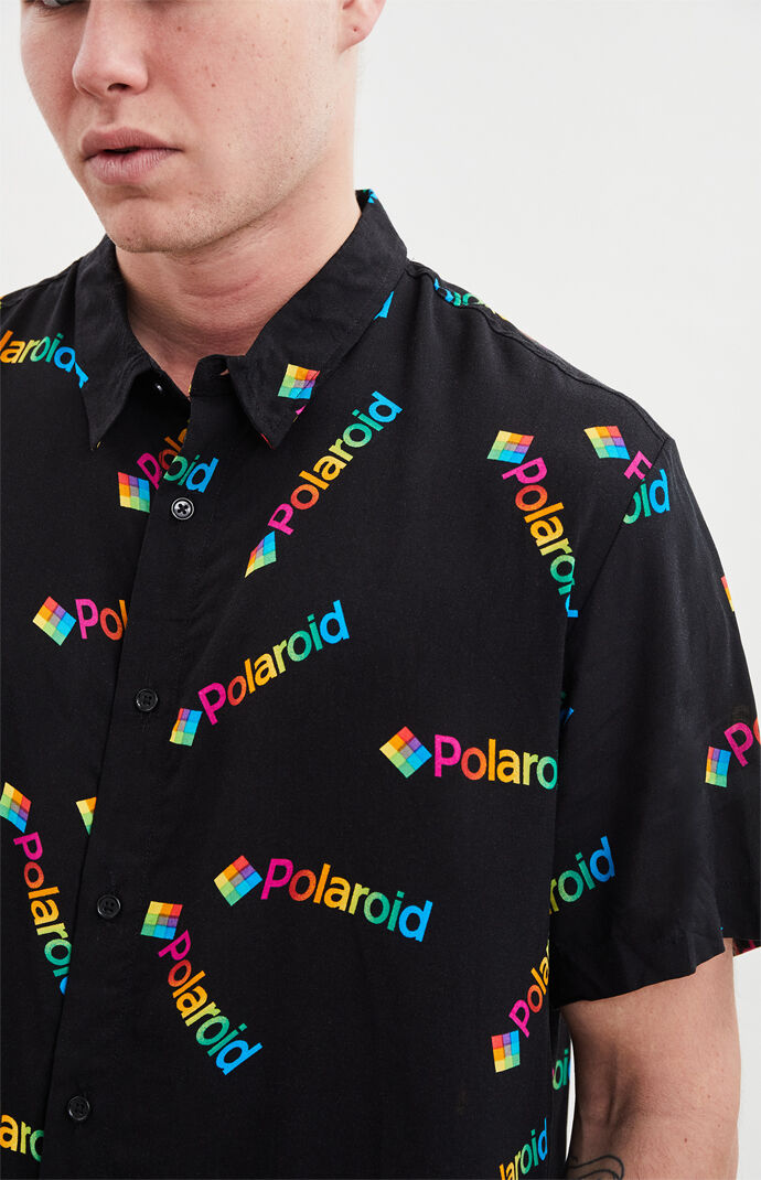 Polaroid Print Short Sleeve Button Up Shirt