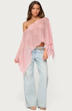 Sequin Fringe Knit Poncho image number 1