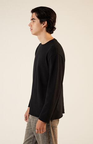 Black Solid Raw Hem Waffle Knit Long Sleeve T-Shirt image number 2