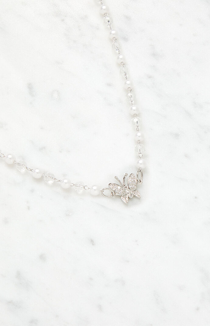 John Galt Silver Pearl Butterfly Choker Necklace PacSun