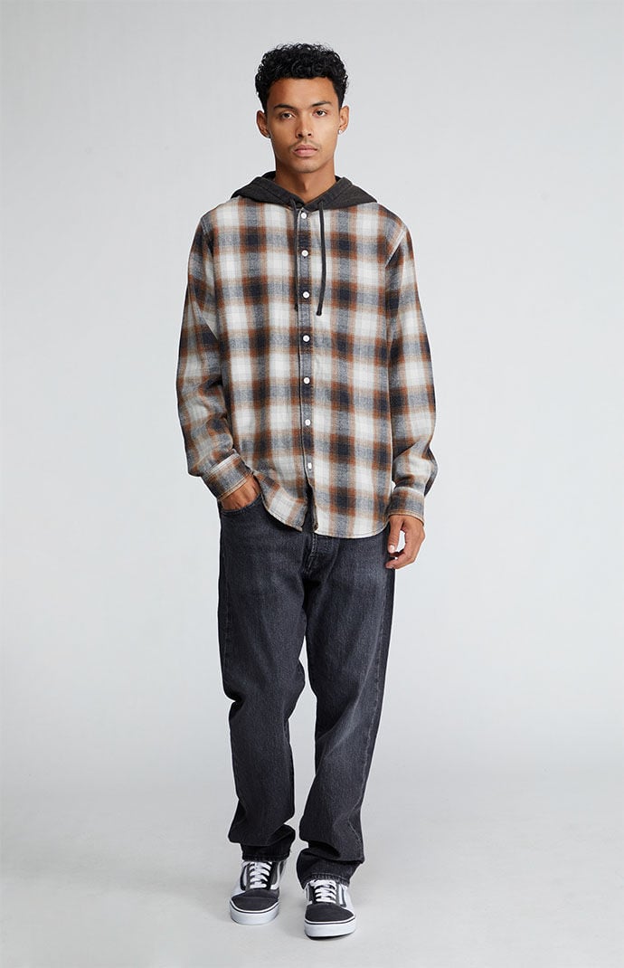 Pacsun plaid mix hooded long sleeve button up shirt deals